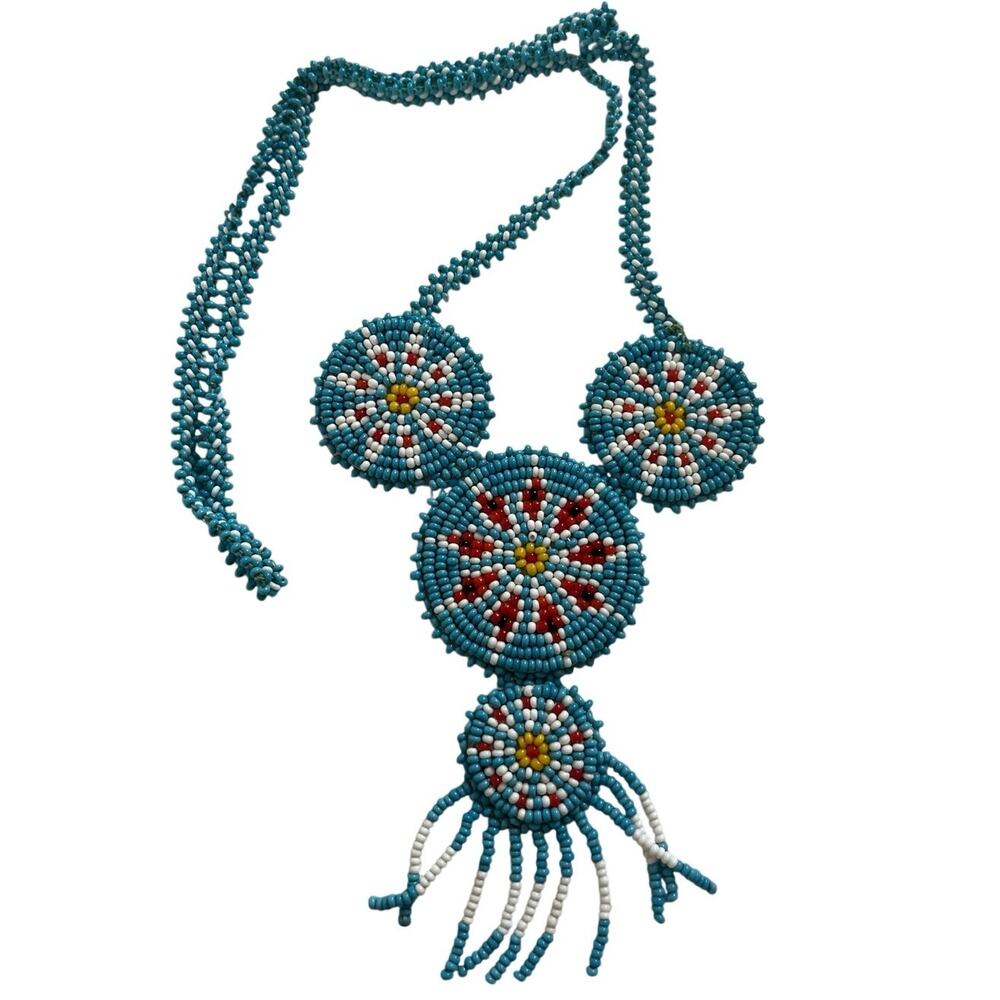Vintage 60s Native American Medallion Necklace Seed Beaded Starburst Fringe